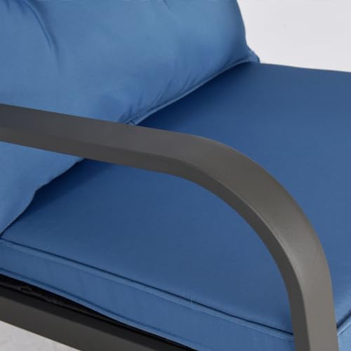 HLNPTN 3 Piece Rocking Bistro Patio Set, Outdoor Rocking Chair, Outdoor Bistro Sets Wicker Patio Furniture Rocking Chairs Sectional Couch with Tempered Glass Top Coffee Table & Cushions, Dark Blue - Image 6