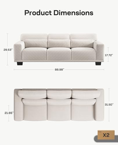 Marsail Modern 89 Inch Linen Fabric Sofa, 3-Seater Couch with Wide Armrests, Deep Cushions & Removable Washable Covers, Comfortable Living Room Furniture, Beige - Image 3