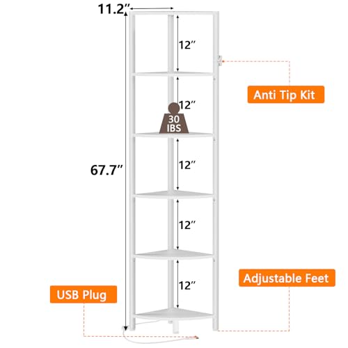 Furnulem 6 Tier Corner Shelf with LED Light, 67.5” Tall Standing Shelf Organizer, White Narrow Bookshelf with Storage Rack for Wall Corner, Living Room, Bedroom, Metal Frame, Wood Display Shelf - Image 3