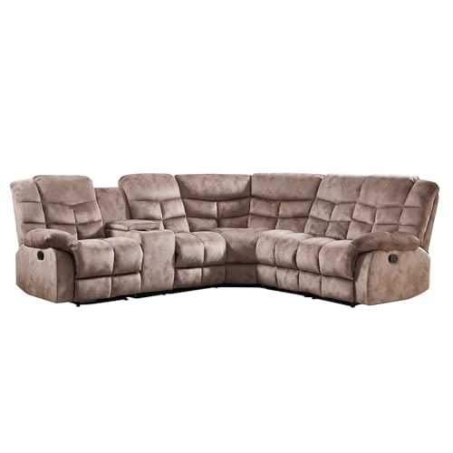 EBELLO Manual Reclining Sectional Sofa Set for Living Room, Soft Fabric Recliner Corner Sectional Couch with Center Console, Cup Holder and Storage, Brown - Image 9