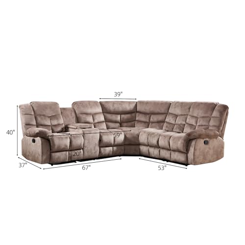 EBELLO Manual Reclining Sectional Sofa Set for Living Room, Soft Fabric Recliner Corner Sectional Couch with Center Console, Cup Holder and Storage, Brown - Image 3