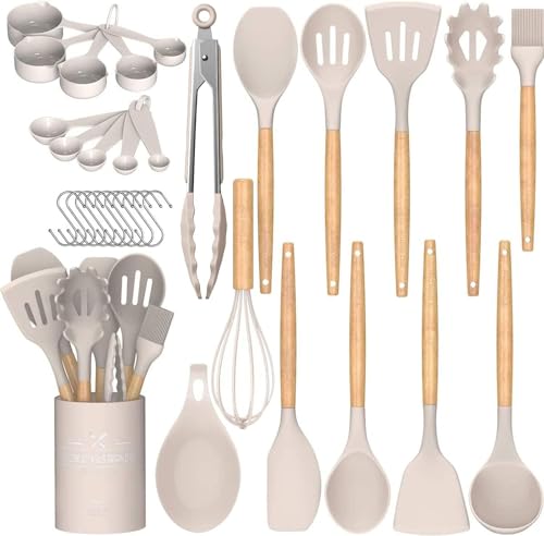 Umite Chef Kitchen Cooking Utensils Set, 33 pcs Non-Stick Silicone Cooking Kitchen Utensils Spatula Set with Holder, Wooden Handle Silicone Kitchen Gadgets Utensil Set (Khaki) - Image 2