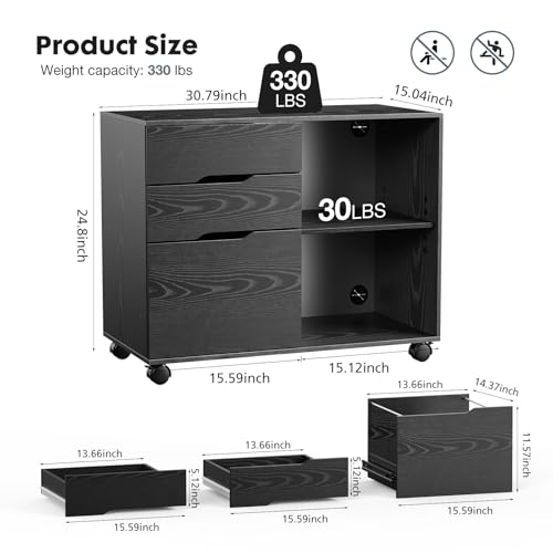 DUMOS Lateral File Cabinet with 3 Drawers Rolling Filing Cabinets Under Desk Storage Printer Stand Wood Organizer with Wheels Adjustable Shelf for Office Home Small Space, Black - Image 4