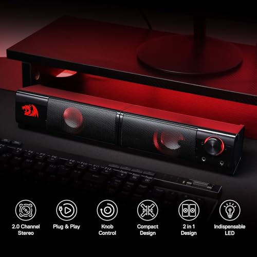 Redragon GS550 PC Gaming Speakers, 2.0 Channel Desktop Computer Sound Bar with Compact Maneuverable Size, Headphone Jack, Quality Bass & Decent Red Backlit, USB Powered w/ 3.5mm Cable - Image 3