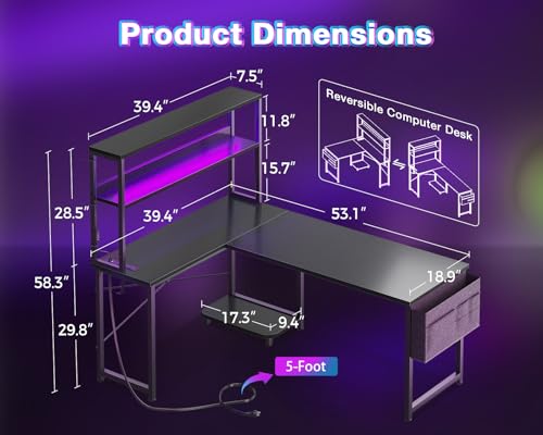 AODK L Shaped Desk Gaming Desk with LED Light & Power Outlet, 53 Inch Reversible L Shaped Computer Table with Shelf & Storage Bag & Hook for Home Office, Black - Image 4