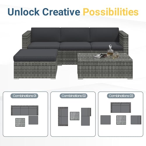 Wisteria Lane 5-Pieces Outdoor Patio Furniture Set, All Weather Wicker Rattan Sectional Sofa, Patio Conversation Set with Cushions & Glass Coffee Table for Backyard Porch Garden Balcony, Grey - Image 6