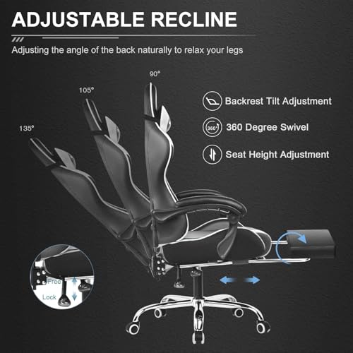 GTPLAYER Gaming Chair, Computer Chair with Footrest and Lumbar Support, Height Adjustable Game Chair with 360°-Swivel Seat and Headrest and for Office or Gaming (Snow White) - Image 7