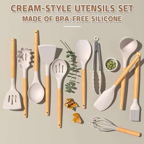 Umite Chef Kitchen Cooking Utensils Set, 33 pcs Non-Stick Silicone Cooking Kitchen Utensils Spatula Set with Holder, Wooden Handle Silicone Kitchen Gadgets Utensil Set (Khaki) - Image 5
