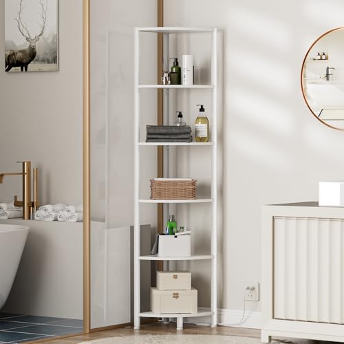 Furnulem 6 Tier Corner Shelf with LED Light, 67.5” Tall Standing Shelf Organizer, White Narrow Bookshelf with Storage Rack for Wall Corner, Living Room, Bedroom, Metal Frame, Wood Display Shelf - Image 5