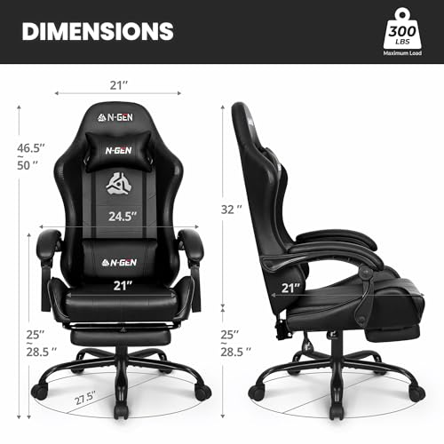 N-GEN GAMING Video Gaming Chair with Footrest Lumbar Support for Home Office High Back Recliner Height Adjustable Ergonomic Comfy Leather Computer Desk Chair (Black) - Image 4