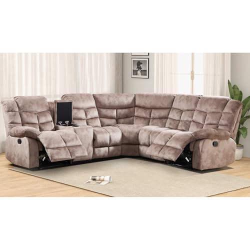 EBELLO Manual Reclining Sectional Sofa Set for Living Room, Soft Fabric Recliner Corner Sectional Couch with Center Console, Cup Holder and Storage, Brown - Image 8