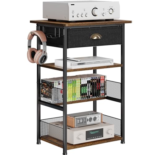 Hongtamoya 4-Tier AV Media Stand with Drawer, Video Game Console Shelf with 2 Hooks, Audio Rack Tower Perfect for/Xbox/ PS5/Switch/Game Consoles/DVD/Record Player/Projector/Sky Box/TV Accessories - Image 9