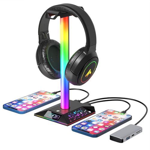 Xergur Gaming Headphone Stand PC Accessories - RGB Headset Stand with 2 USB Charger, Cool LED Headphone Holder PC Gaming Accessories Gift for Boys Men Gamers, Computer Game Hardware for Desk - Image 2