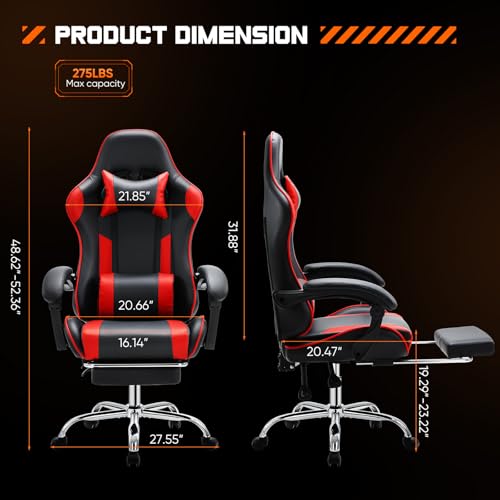 Sweetcrispy Video Game Desk Chair - Ergonomic Computer with Footrest and Comfy Lumbar Support, PU Leather Recliner with Headrest, Fixed Up Armrest, Height Adjustable with 360° Swivel, for Adults, Red - Image 4