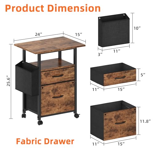 GYIIYUO 2 Drawer File Cabinet with 24'' Extended Desktop, Mobile Filing Cabinet, Rolling File Cabinet with Side Bag, Fabric Drawer, Fits A4/Letter Size, Printer Stand Home Office, Light Brown - Image 4