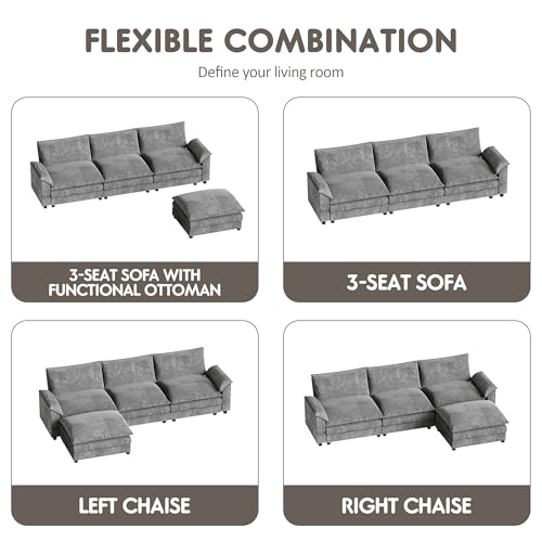 Homall 119" Modular Sectional Sofa, L Shaped Sofa Couch with Reversible Ottoman, DIY Combination Chenille Deep 3-Seat Cloud Couch for Living Room, Apartment (Light Grey, L Shaped Sofa) - Image 7