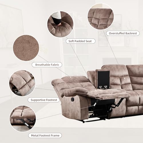EBELLO Manual Reclining Sectional Sofa Set for Living Room, Soft Fabric Recliner Corner Sectional Couch with Center Console, Cup Holder and Storage, Brown - Image 4