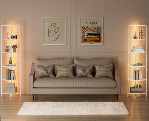 Furnulem 6 Tier Corner Shelf with LED Light, 67.5” Tall Standing Shelf Organizer, White Narrow Bookshelf with Storage Rack for Wall Corner, Living Room, Bedroom, Metal Frame, Wood Display Shelf - Image 8