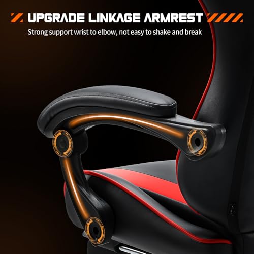 Sweetcrispy Video Game Desk Chair - Ergonomic Computer with Footrest and Comfy Lumbar Support, PU Leather Recliner with Headrest, Fixed Up Armrest, Height Adjustable with 360° Swivel, for Adults, Red - Image 6