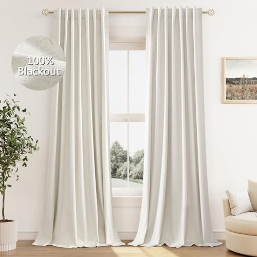 Guken Cream Linen Blackout Curtains 84 Inch Length 2 Panels Set for Living Room Bedroom Back Tab Thermal Insulated 100% Black Out Linen Drapes Room Darkening Window Curtains Ivory Natural - Image 2