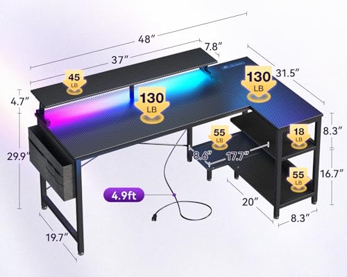 ODK 48 Inch Gaming Desk with USB Charging Ports and LED Lights, Reversible L Shaped Computer Desk with Storage Shelves & Monitor Stand, Corner Gamer Desk Table with Power Outlets, Black - Image 4