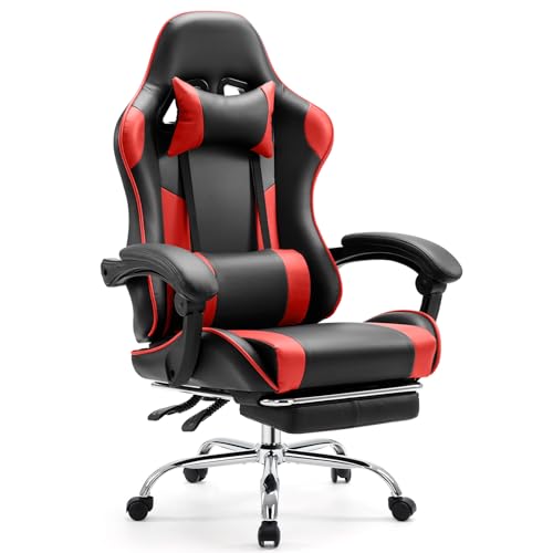 Sweetcrispy Video Game Desk Chair - Ergonomic Computer with Footrest and Comfy Lumbar Support, PU Leather Recliner with Headrest, Fixed Up Armrest, Height Adjustable with 360° Swivel, for Adults, Red - Image 2