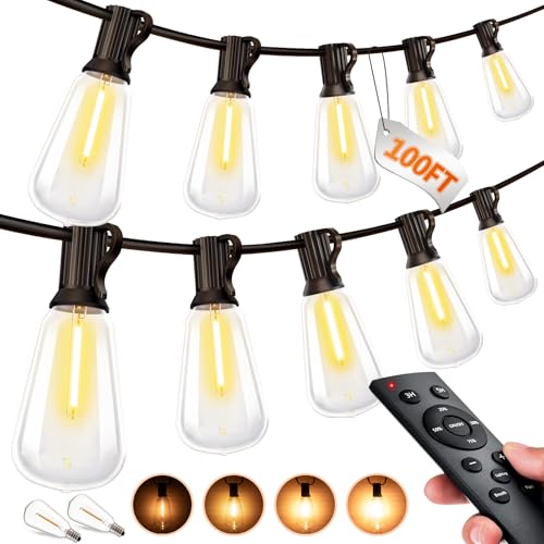 Outdoor String LED Patio Lights - 100Ft 30M Outside Waterproof Light with Remote Dimmable ST38 Shatterproof Bulb Connectable Hanging Outdoor Electric Lighting for Backyard Yard Gazebo Porch Party - Image 2