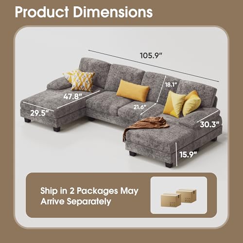 Furmax Sectional Couches for Living Room, U-Shaped Sofa Couch with Linen Fabric, 4 Seat Sofa Set with Double Chaise for Apartment (Fabric, Grey) - Image 3