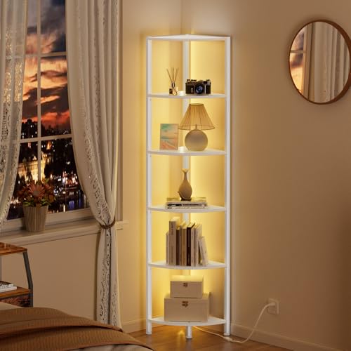 Furnulem 6 Tier Corner Shelf with LED Light, 67.5” Tall Standing Shelf Organizer, White Narrow Bookshelf with Storage Rack for Wall Corner, Living Room, Bedroom, Metal Frame, Wood Display Shelf - Image 4