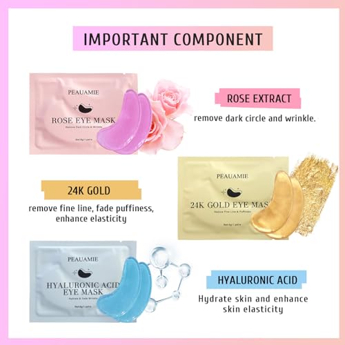 PEAUAMIE Under Eye Patches Gold and Hyaluronic Acid for puffy eyes,Rose Eye Masks for Dark Circles and Puffiness skin care Smooth Wrinkles products 30 Pairs - Image 4