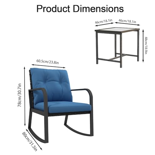 HLNPTN 3 Piece Rocking Bistro Patio Set, Outdoor Rocking Chair, Outdoor Bistro Sets Wicker Patio Furniture Rocking Chairs Sectional Couch with Tempered Glass Top Coffee Table & Cushions, Dark Blue - Image 4