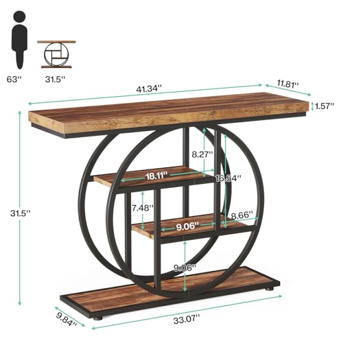 Tribesigns 41.3" Console Table, Industrial 4-Tier Sofa Table Entryway Table with Circle Base, Narrow Wood Accent Tables with Storage Shelves for Living Room, Hallway, Foyer, Rustic Brown - Image 3
