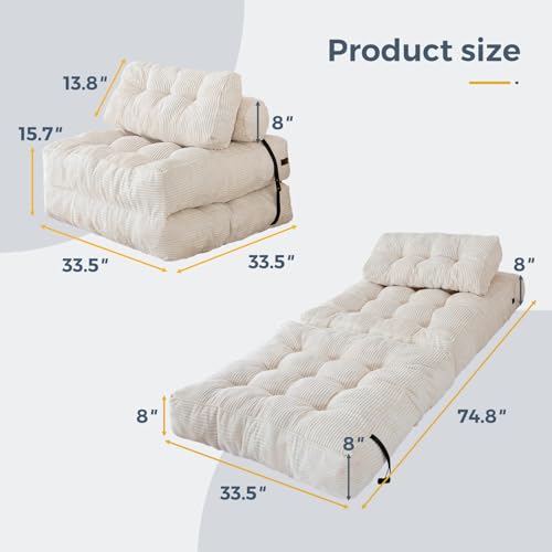 MAXYOYO Folding Sofa Bed, Convertible Sleeper Chair with Pillow Foldable Mattress with Back Support, Portable Fold Out Chair Bed Comfy Floor Sofa Lounge for Living Room Bedroom, Beige, Single - Image 3