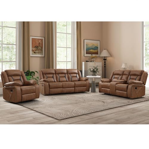 EBELLO Faux Leather Recliner Sofa Furniture Set for Living Room, Recliner Chair, Manual Loveseat, 3 Seat Recliniing Sofa Couch Set for Meeting Room, Brown - Image 2