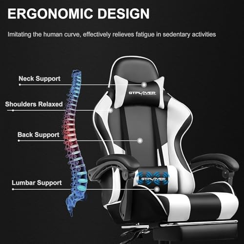 GTPLAYER Gaming Chair, Computer Chair with Footrest and Lumbar Support, Height Adjustable Game Chair with 360°-Swivel Seat and Headrest and for Office or Gaming (Snow White) - Image 5