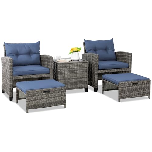 Shintenchi 5 Pieces Patio Furniture Set, Outdoor Wicker Patio Conversation Set with Ottoman, All Weather Rattan Outside Chairs with Coffee Table & Cushion for Porch, Garden, Backyard, Navy - Image 2