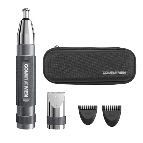 Conair Men Ear, Nose and Eyebrow Trimmer, Patented 360° Bevel Blade for No Pulls, Nicks or Cuts Guaranteed, Nose Hair Trimmer for Men, Non-Slip Grip, 5-Piece Kit with Travel Case - Image 2