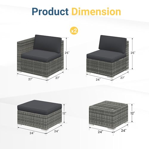 Wisteria Lane 5-Pieces Outdoor Patio Furniture Set, All Weather Wicker Rattan Sectional Sofa, Patio Conversation Set with Cushions & Glass Coffee Table for Backyard Porch Garden Balcony, Grey - Image 3