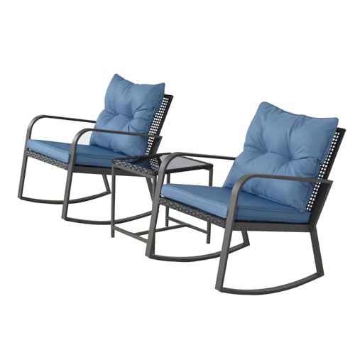 HLNPTN 3 Piece Rocking Bistro Patio Set, Outdoor Rocking Chair, Outdoor Bistro Sets Wicker Patio Furniture Rocking Chairs Sectional Couch with Tempered Glass Top Coffee Table & Cushions, Dark Blue - Image 2