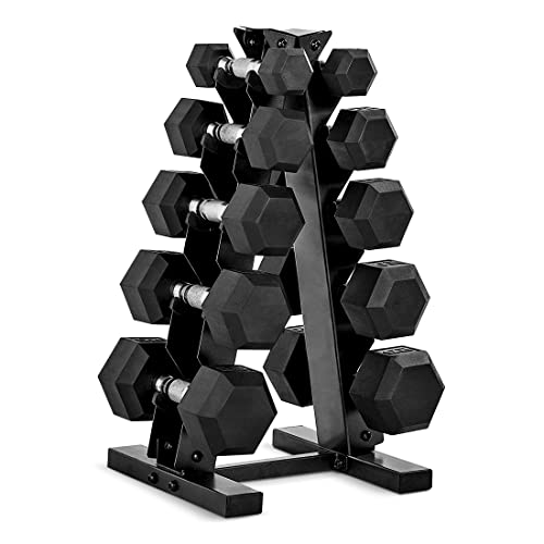 CAP Barbell 150 LB Rubber Coated Hex Dumbbell Hand Weight Set with Vertical Storage Rack - Chrome Handle | Black Rack - Image 2