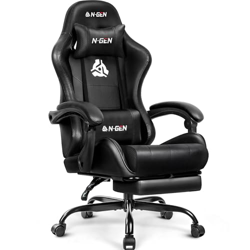 N-GEN GAMING Video Gaming Chair with Footrest Lumbar Support for Home Office High Back Recliner Height Adjustable Ergonomic Comfy Leather Computer Desk Chair (Black) - Image 2