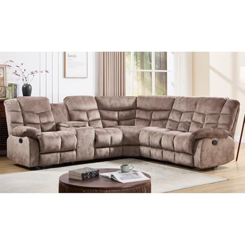 EBELLO Manual Reclining Sectional Sofa Set for Living Room, Soft Fabric Recliner Corner Sectional Couch with Center Console, Cup Holder and Storage, Brown - Image 2