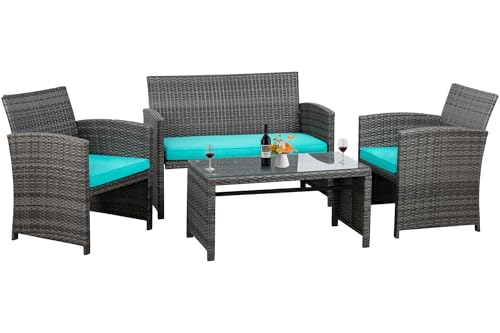 Shintenchi 4 Piece Patio Ratten Set Outdoor Furniture Set Wicker Conversation Set with Cushions and Tempered Glass Tabletop,Blue - Image 8