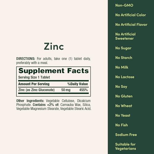 Nature’s Bounty Zinc 50mg, Immune Support & Antioxidant Supplement, Promotes Skin Health, 1 Caplet Per Day, Gluten Free, 250 Vegetarian Caplets - Image 3