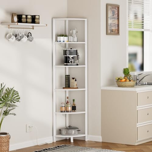 Furnulem 6 Tier Corner Shelf with LED Light, 67.5” Tall Standing Shelf Organizer, White Narrow Bookshelf with Storage Rack for Wall Corner, Living Room, Bedroom, Metal Frame, Wood Display Shelf - Image 10