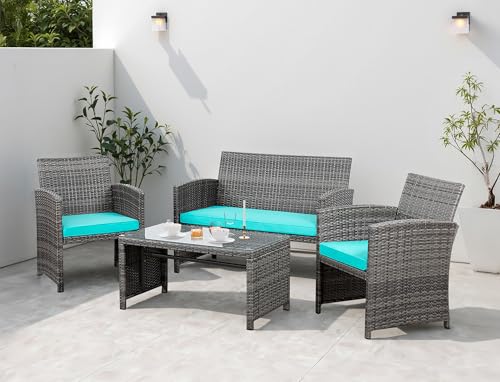 Shintenchi 4 Piece Patio Ratten Set Outdoor Furniture Set Wicker Conversation Set with Cushions and Tempered Glass Tabletop,Blue - Image 2