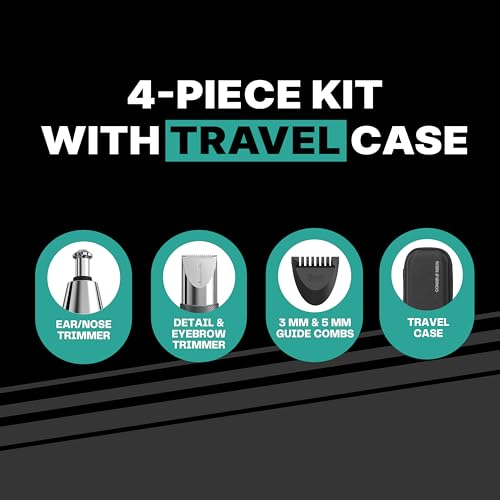 Conair Men Ear, Nose and Eyebrow Trimmer, Patented 360° Bevel Blade for No Pulls, Nicks or Cuts Guaranteed, Nose Hair Trimmer for Men, Non-Slip Grip, 5-Piece Kit with Travel Case - Image 3