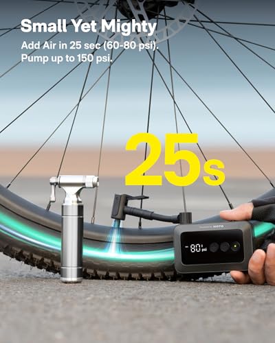 HOTO Mini Bike Tire Pump, 25s Fast Inflate Bicycle Pump with Guage, 150PSI Portable Electric Bike Air Pump with Presta and Schrader Valve for Road Bike, Motorcycle, Mountain Bike, Car, Sports Ball - Image 3