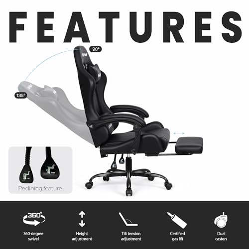 N-GEN GAMING Video Gaming Chair with Footrest Lumbar Support for Home Office High Back Recliner Height Adjustable Ergonomic Comfy Leather Computer Desk Chair (Black) - Image 6