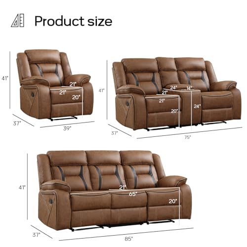 EBELLO Faux Leather Recliner Sofa Furniture Set for Living Room, Recliner Chair, Manual Loveseat, 3 Seat Recliniing Sofa Couch Set for Meeting Room, Brown - Image 3